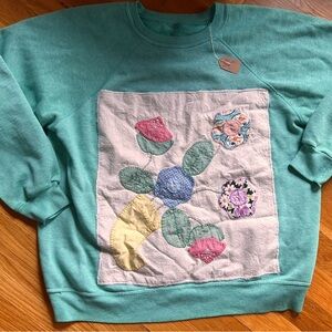 Vintage Teal Sweatshirt with vintage quilt Patchwork Design